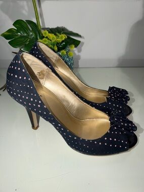Peep-Toe Polka Dot Heels in Navy with Pink Dots